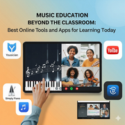 A vibrant, digital collage depicts various online music learning methods.