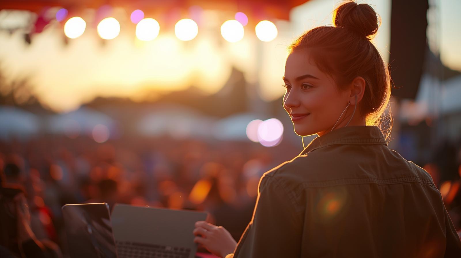 Festival organizer managing global livestream backstage during vibrant sunset concert.