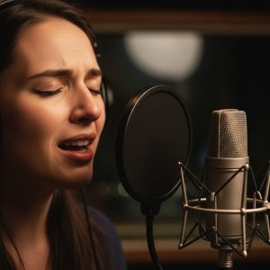 A close-up of a singer recording vocals in a studio, wearing headphones while showing an expressive face