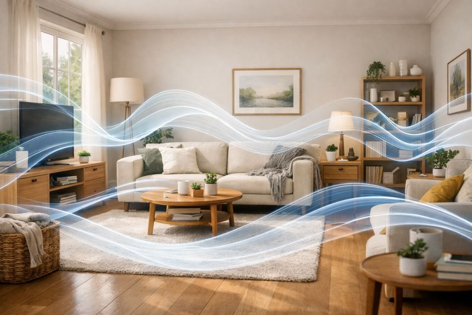 organized living room with visible sound waves moving smoothly through the space