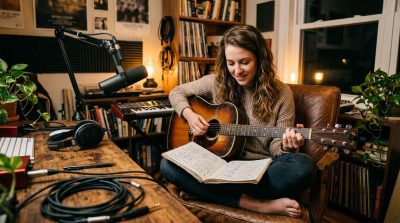 A songwriter sitting in a cozy creative studio with an acoustic guitar, notebook filled with handwritten songwriting ideas, microphone and headphones